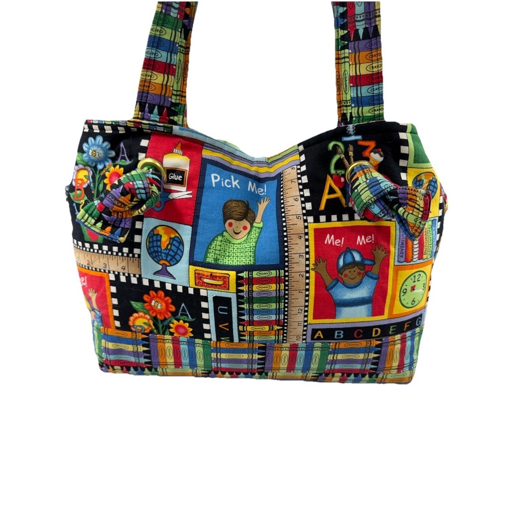 Vintage Teacher Tote Bag ABC Crayon School Theme Cotton Canvas 13.5x10.5 Exc Con - Picture 4 of 16